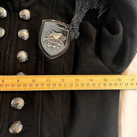 RARE ED HARDY WOOL BLEND MILITARY STEAMPUNK COAT NAVY XS EUC CHAIN EPAULETS - Picture 10 of 15